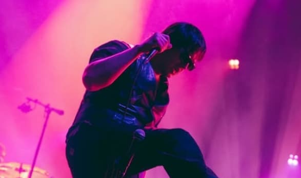 Julian Casablancas performing onstage under pink lighting