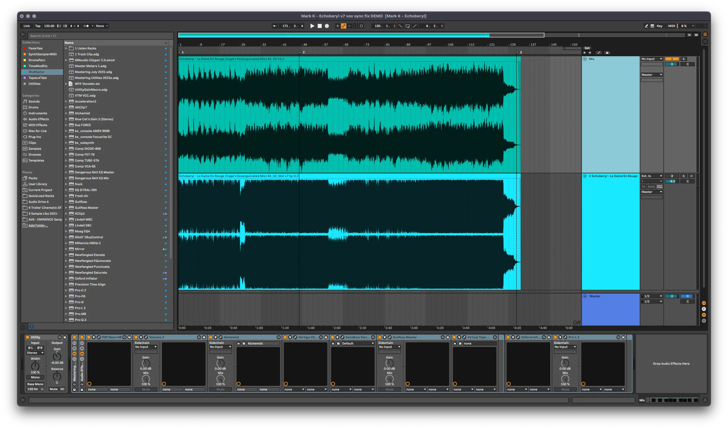 A mastering session open in Ableton Live with large waveform tracks